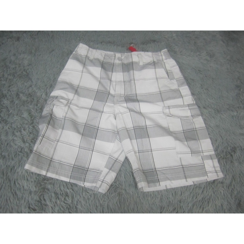 CSG Shorts Mens 34 Gray White Plaid Cargo Pocket Casual Chino Flat Front